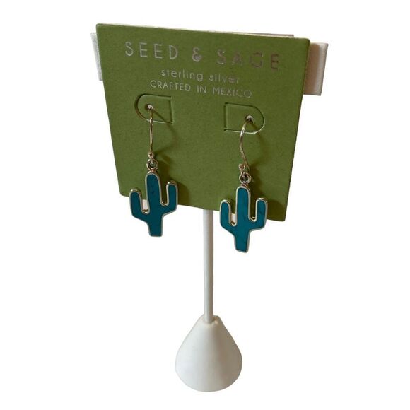 Seed & Sage Sterling Silver Turquoise Colored Cactus Drop Earrings 🌵🌵 - Picture 3 of 5
